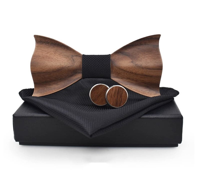 Secdtie Pre-Tied Wood Bow Ties Set for Men Big Boys with Matching Pocket Square Cufflinks Lapel Flower Brooch Set Gift Box (One Size, Set 15) - Image 2